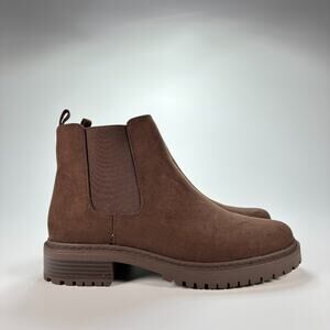 JF Nolan Brown Suede Chelsea Boots Chunky Lug Sole Ankle Booties Women's Size 9